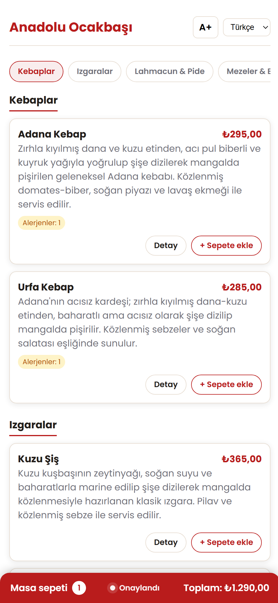 Klasik liste şablonuyla örnek QR menü ekranı