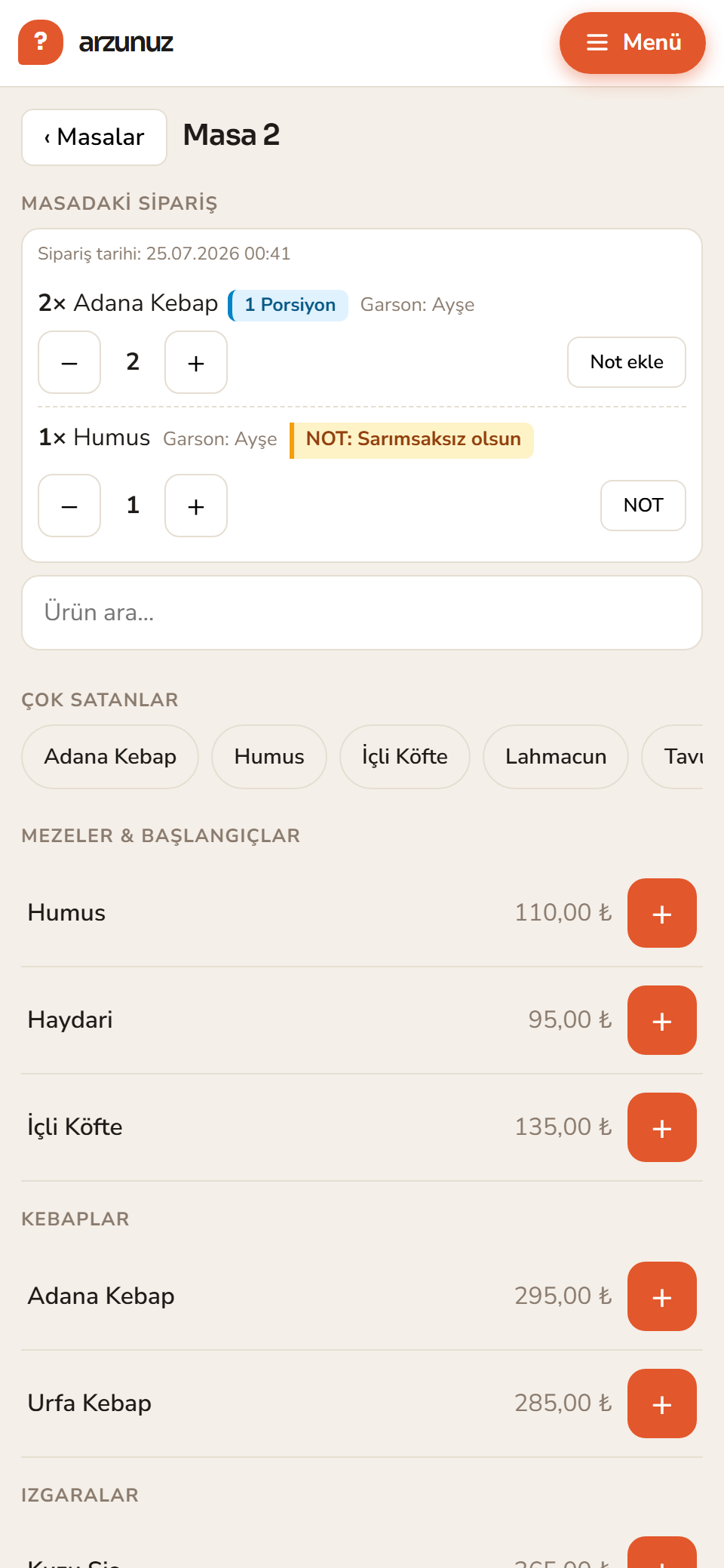 Garson ekranı: masadaki sipariş, hızlı ürün ekleme ve notlar